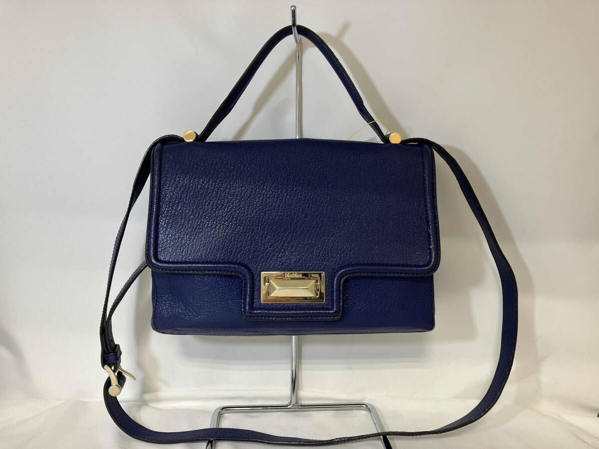 Max Mara マックスマーラ かぶせショルダーバッグ レザー シボ革 ロック金具 ブルー ルーマニア製 レザー劣化 破れ有り 7,848円