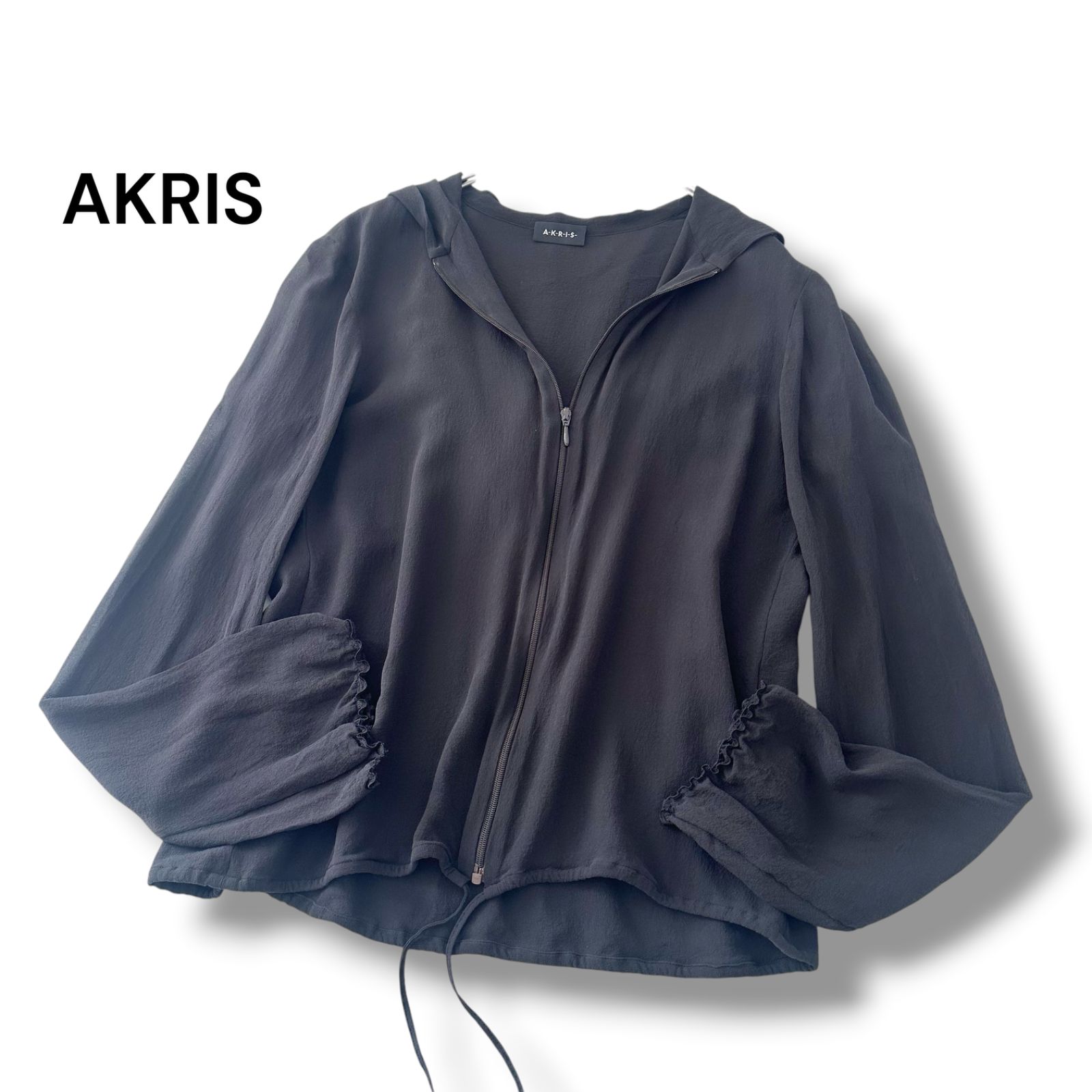 アクリス AKRIS シルク シアーパーカー ブルゾン カーディガン 軽羽織 ブラック 黒 絹100% 38 M レディース 美品 6JL037