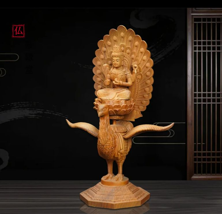 【修縁堂】メッキ 孔雀明王 孔雀明王像 仏教美術品 供養品 18CM 密教法具 修縁堂】新品！希少品！木彫仏教 精密彫刻 仏師で仕上げ品 孔雀明王