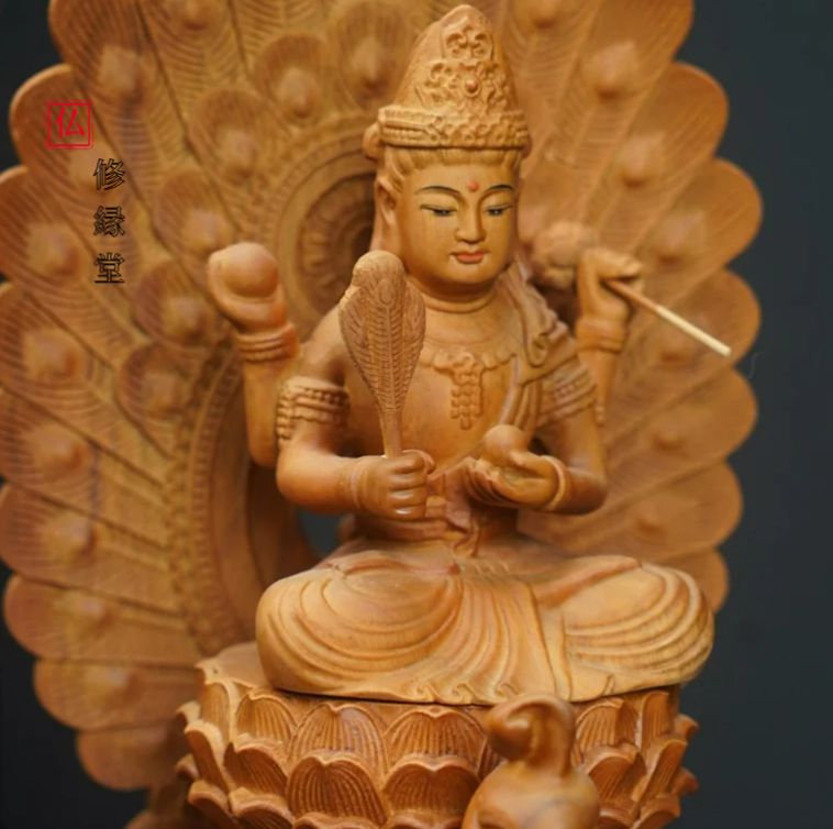 修縁堂】新品！希少品！木彫仏教 精密彫刻 仏師で仕上げ品 孔雀明王
