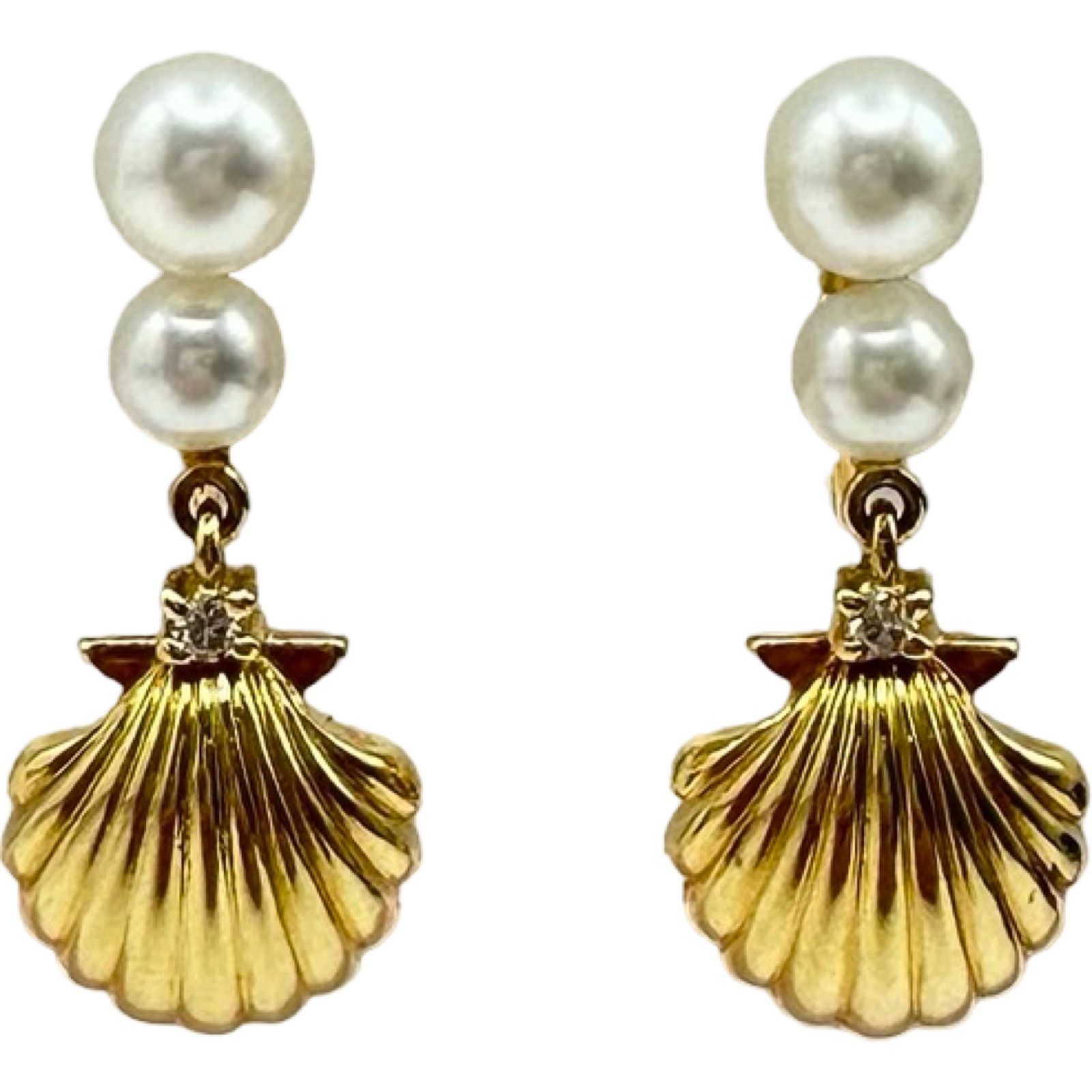 ミキモト MIKIMOTO 貝モチーフパールイヤリング ゴールド K18 パール ダイヤモンド ジュエリー