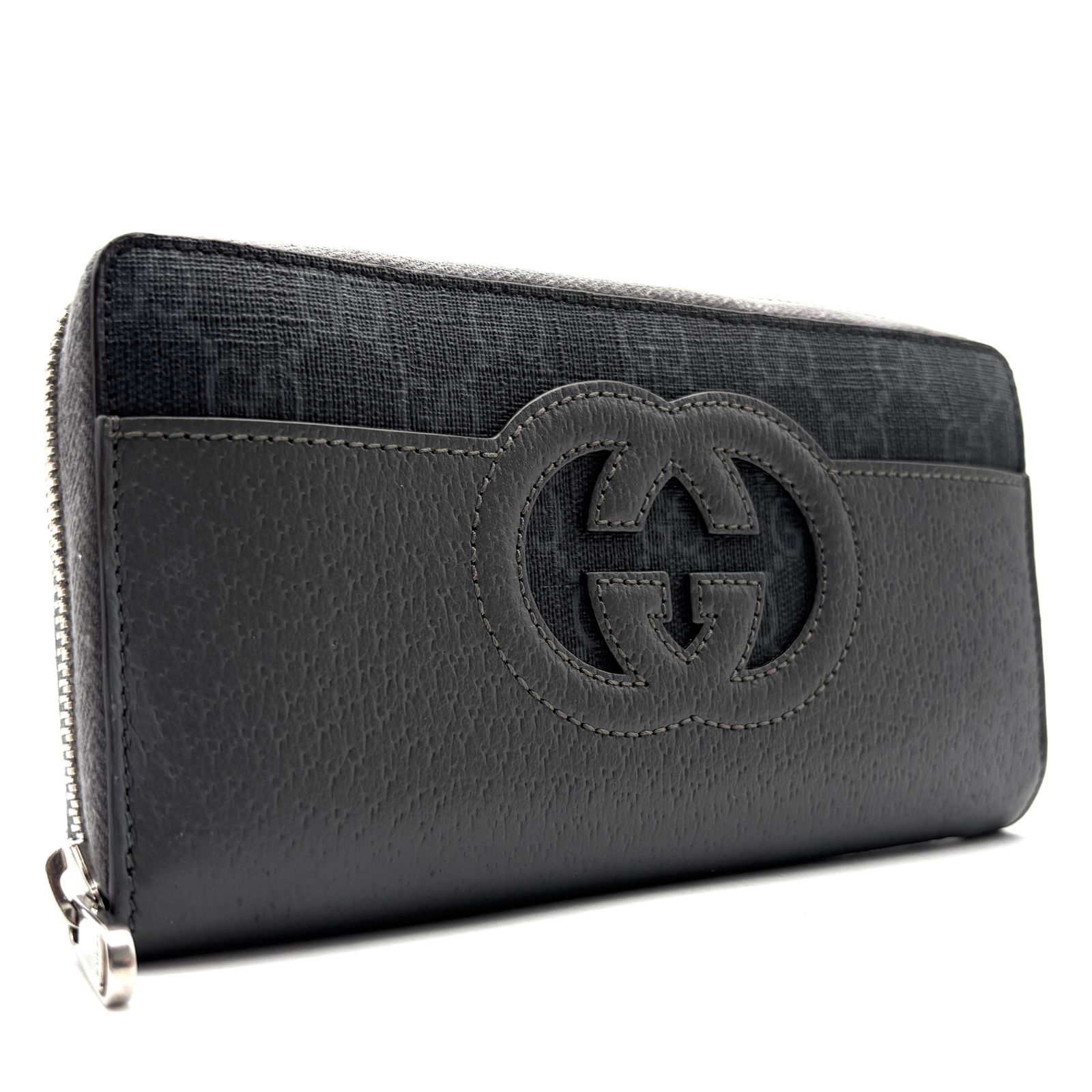 未使用保管品 グッチ GUCCI カットアウト ラウンドファスナー 長財布 GGスプリーム インターロッキング レザー 本革 グレー ブラック 黒 夏休み 帰省 お盆 敬老の日 秋 ギフト プレゼント ご褒美