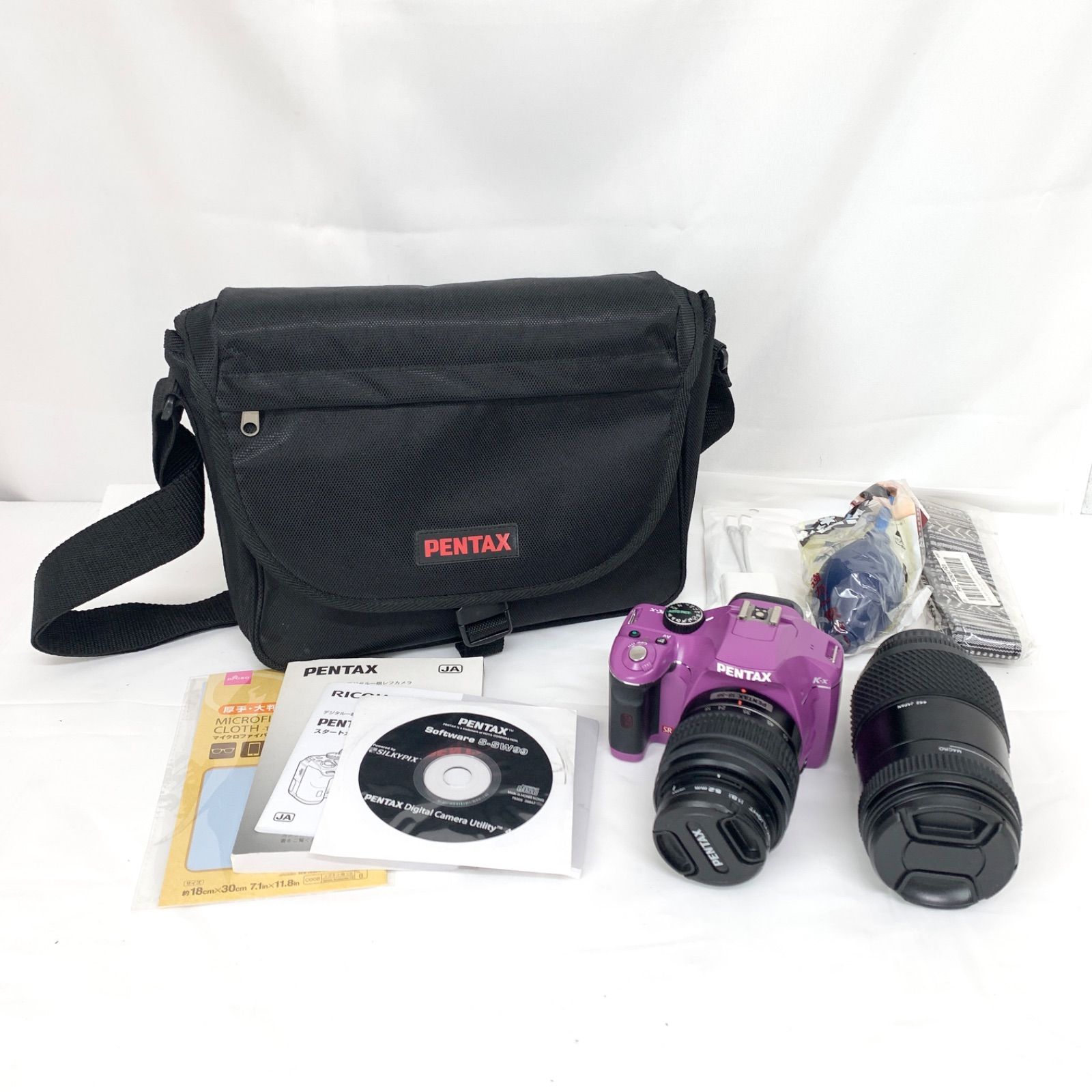 PENTAX k-x 望遠レンズ、バッグのセット 中古】PENTAX ペンタックス K-X パープル レンズ/かばんセット M80715