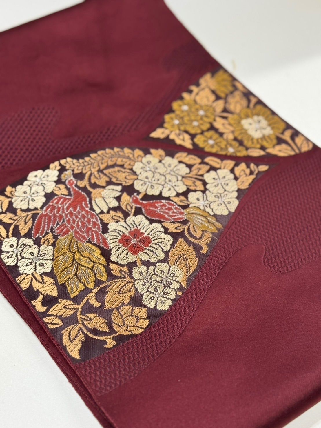 名古屋帯 臙脂色 鳳凰 花文様 金糸 - メルカリ