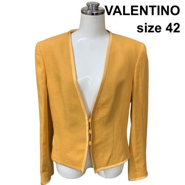 □ ヴァレンティノ VALENTINO サマージャケット ノーカラー Vネック 長袖 パイピング ショート丈 黄色系 リネン 42 L レディース Z6D590