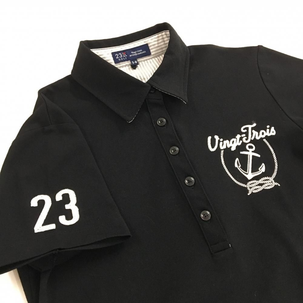 値下げ中★23区スポーツ　日本製　ブラック半袖ワンピース　ゴルフ 超美品】23区ゴルフ 半袖ポロワンピース 黒 ロゴ白 ウエスト調節紐