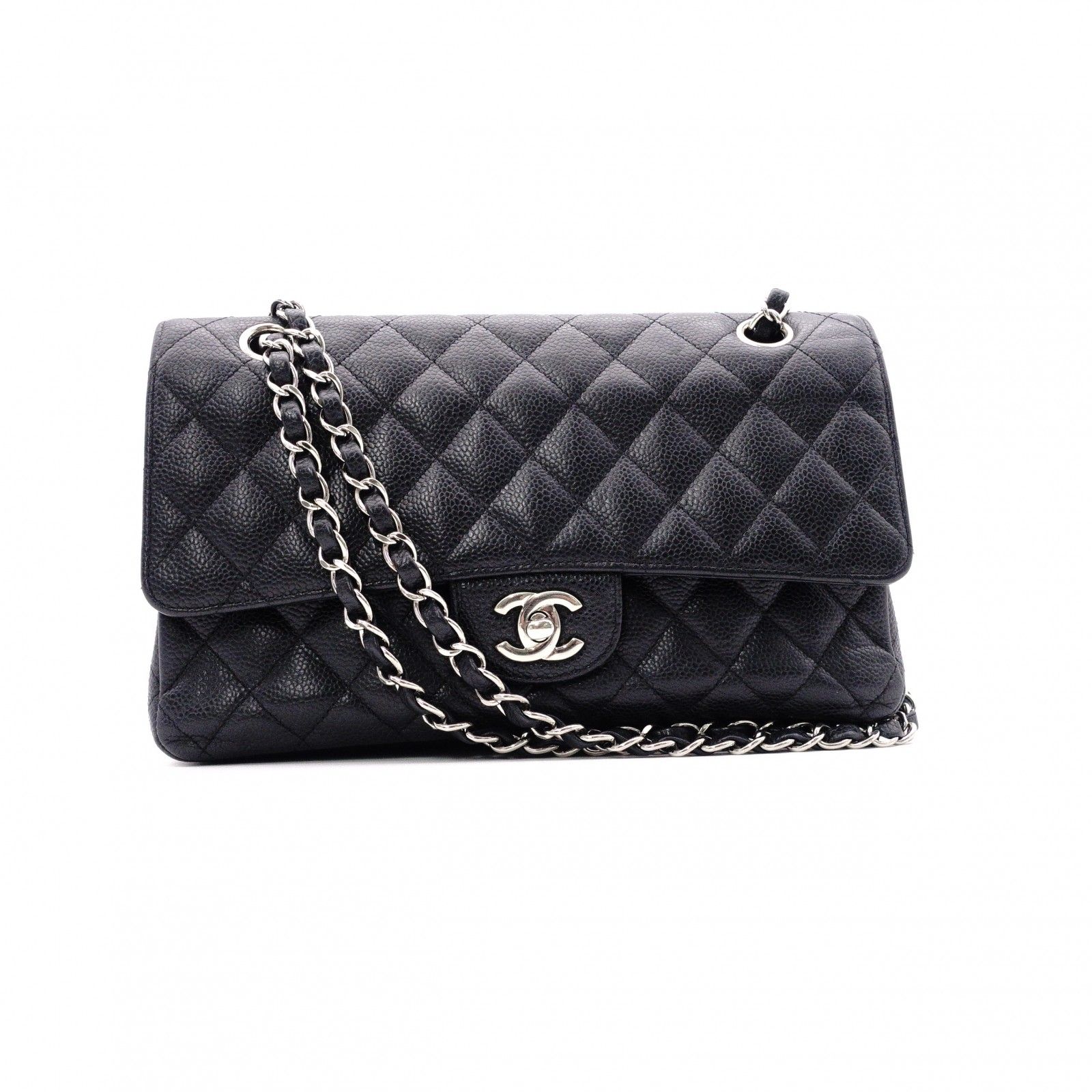 CHANEL シャネル キャビアスキン クラシック Wフラップ ショルダーバッグ レザー ブラック シルバー金具