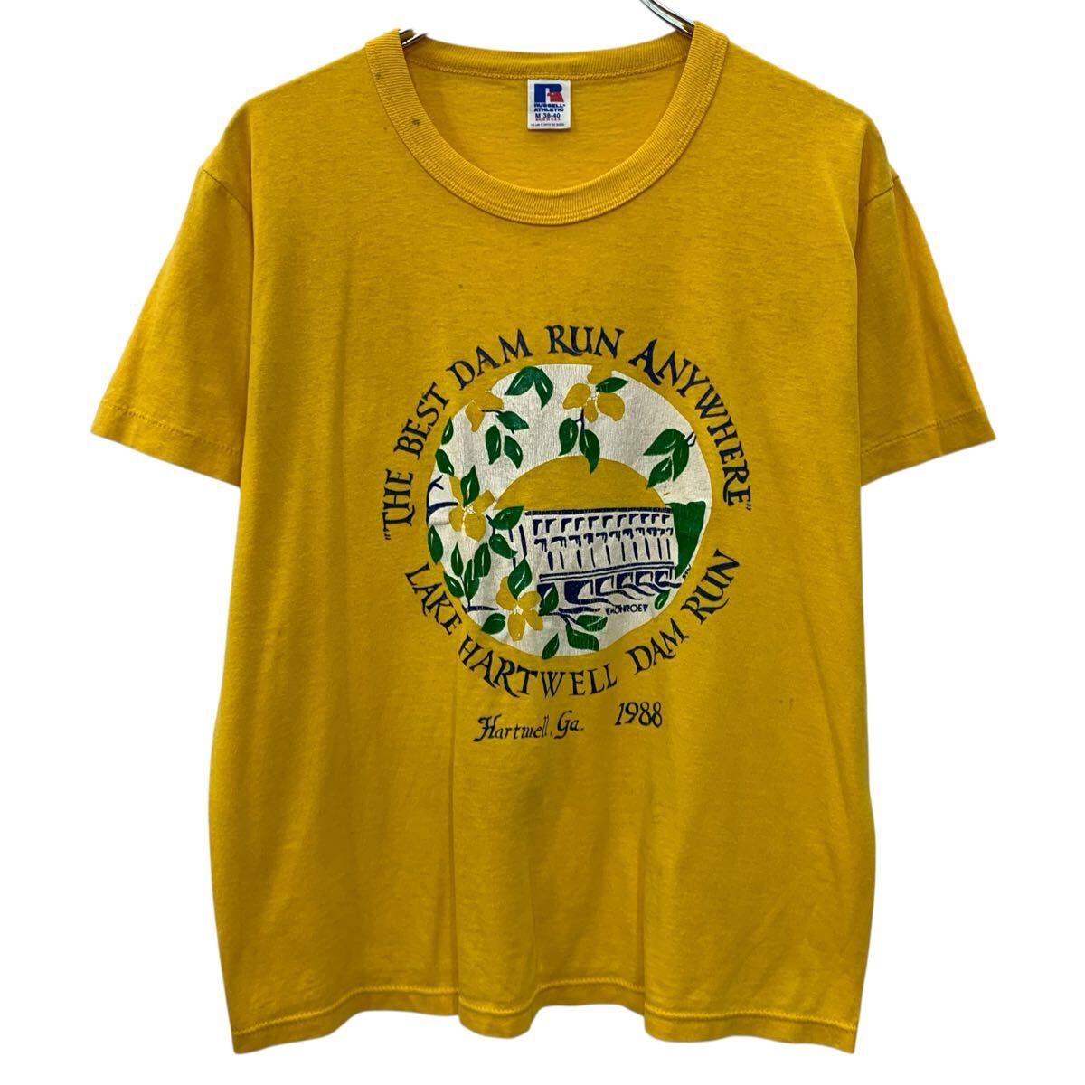 80s USA製 RUSSELL ATHLETIC 半袖 プリントTシャツ M イエロー