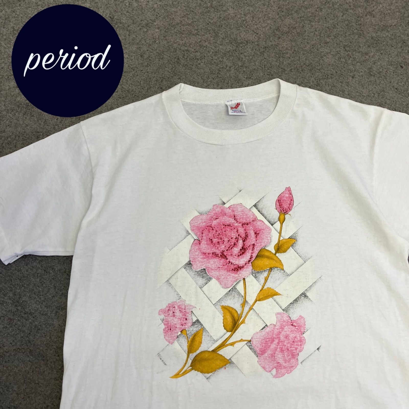 P3507 90s JERZEES ROSE バラ　ボタニカルアート　Tシャツ