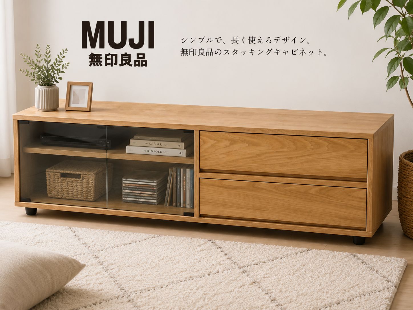 無印良品 MUJI オーク材 AVラック テレビボード ローボード ガラス扉