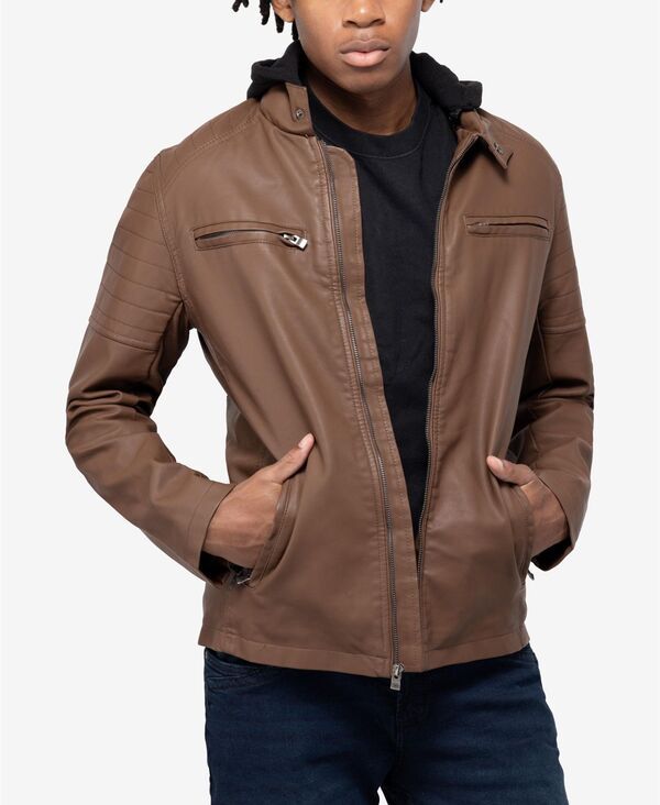 エックスレイ メンズ アウター ジャケット・ブルゾン レザー ジャケット XRAY Mens Hooded Stand Collar PU Leather Jacket Tan タン
