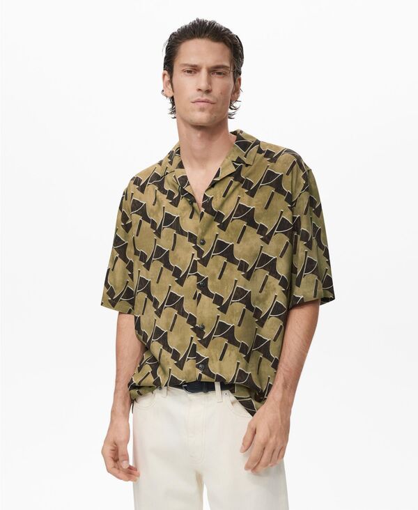 マンゴ メンズ トップス シャツ プリント MANGO Mens Flowy Printed Shirt Ochre