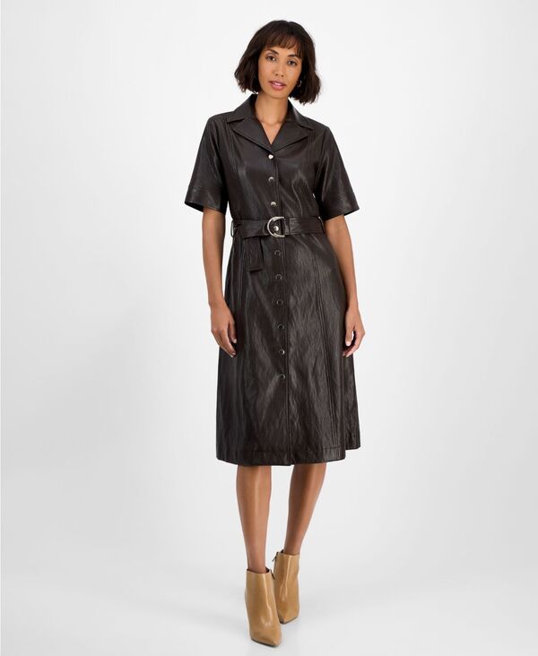 ティー・タハリ レディース トップス ワンピース レザー T Tahari Womens FauxLeather Belted ButtonFront Dress Espresso Bean