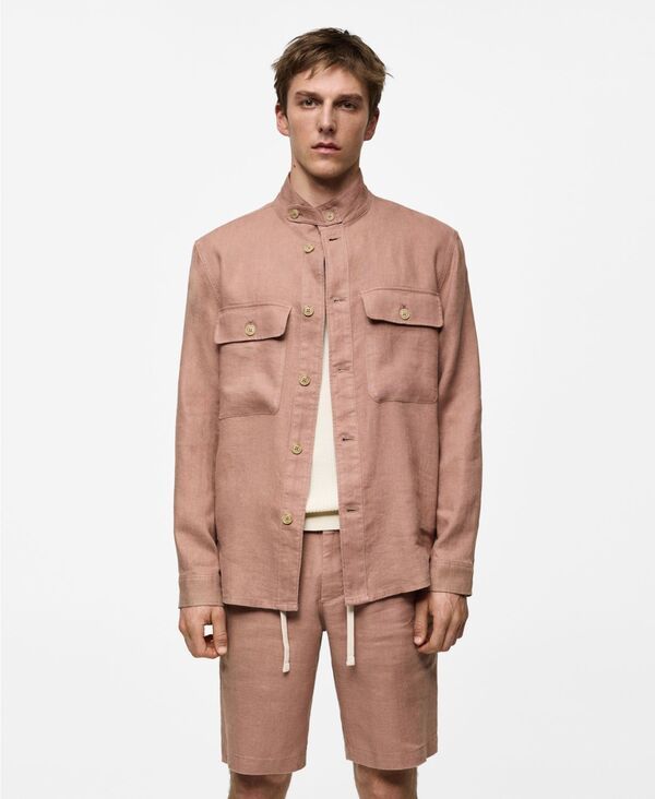マンゴ メンズ アウター ジャケット・ブルゾン シャツ リネン MANGO Mens Linen Pockets Detail Overshirt Pastel Pink ピンク
