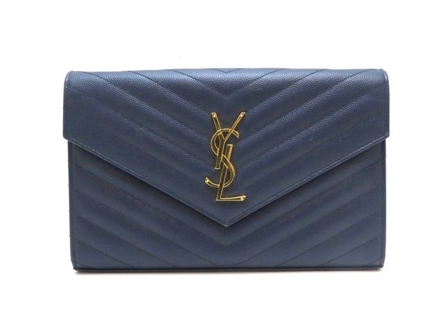 SAINT LAURENT　サンローラン　カサンドラ　クラシックチェーンウォレット　ネイビー　レザー　377828　レディース【中古】430 95,923円
