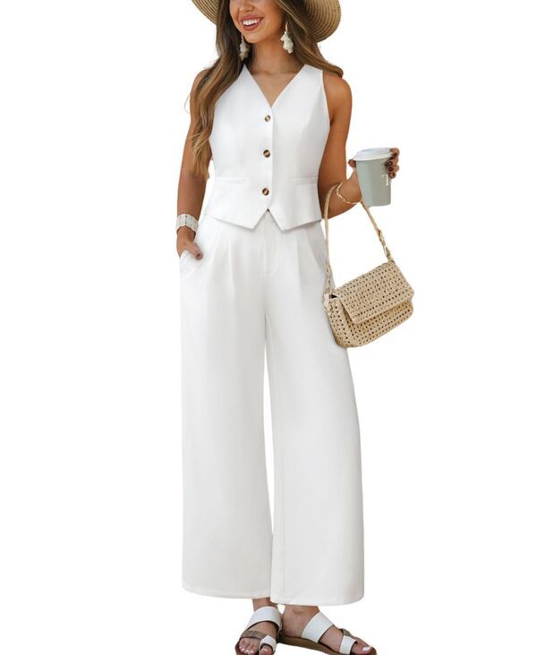 カップシー レディース ボトムス カジュアルパンツ ワイドレッグ ベスト ノースリーブ Cupshe Womensleeveless Vest Wide Leg Pantset White ホワイト