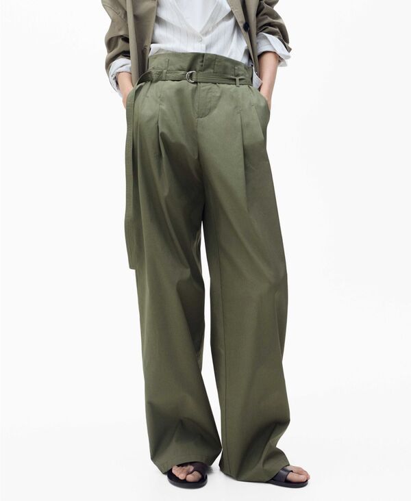 マンゴ レディース ボトムス カジュアルパンツ ワイドレッグ コットン MANGO Womens Belted Wide Leg Cotton Pants Khaki カーキ