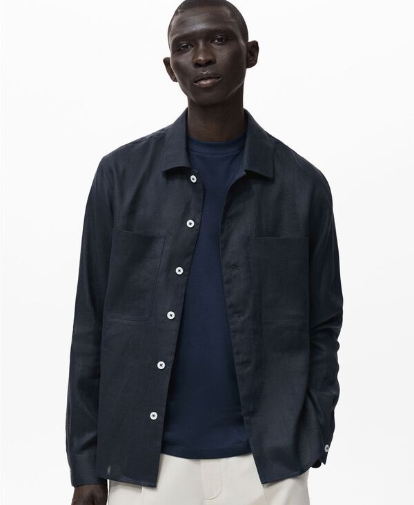 マンゴ メンズ トップス シャツ リネン MANGO Mens Linen Lightweight Overshirt Navy ネイビー