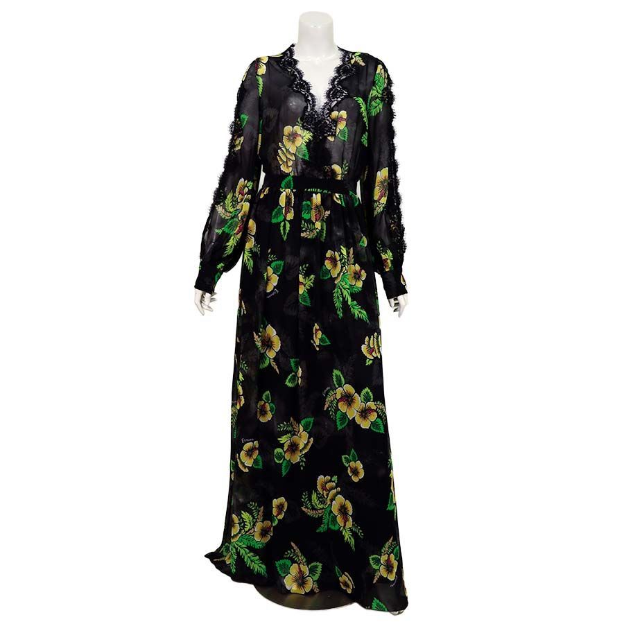 【定価￥236,000の90％OFF】【春夏物】ERMANNO FIRENZE【エルマンノ フィレンツェ】【レディース】カシュクールフロントスリット袖フラワープリントロングワンピース/ブラック【サイズ40】【イタリア製】