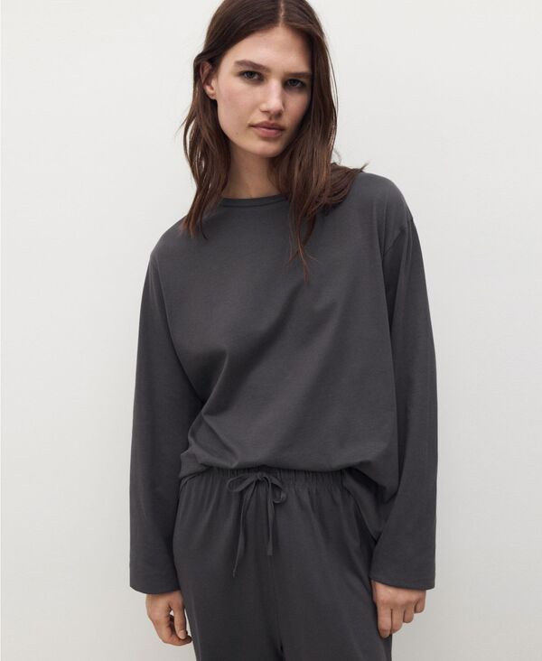 マンゴ レディース アンダーウェア ナイトウェア コットン MANGO Womens TwoPiece Plain Cotton Pajamas Charcoal チャコール
