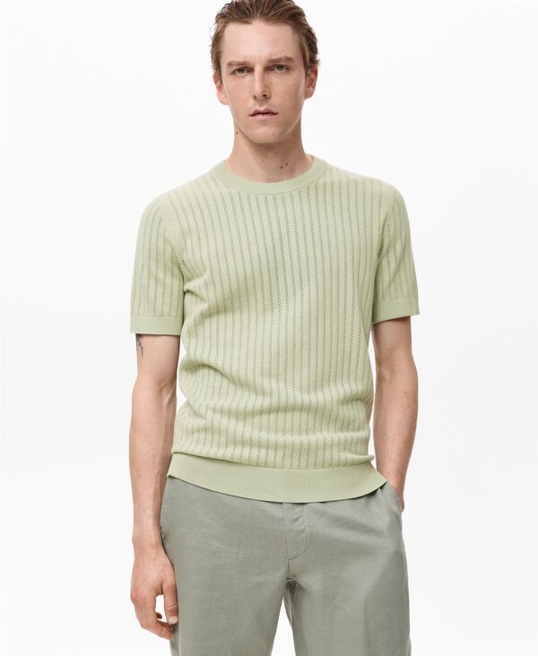 マンゴ メンズ トップス Tシャツ コットン MANGO Mens Striped Openwork Cotton TShirt Green Apple グリーン