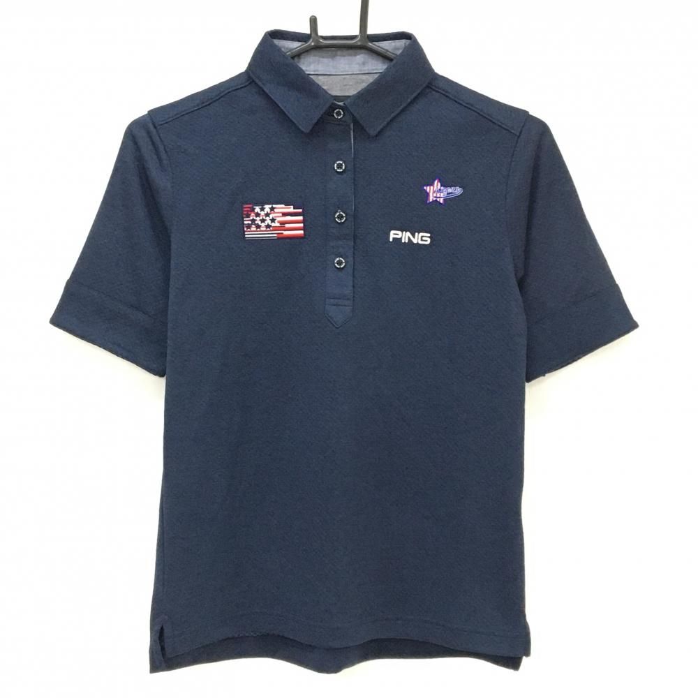 【新品】ピン 半袖ポロシャツ ネイビー 星条旗風ワッペン レディース S ゴルフウェア PING 新品】ピン 半袖ポロシャツ ネイビー 星条旗風ワッペン レディース S