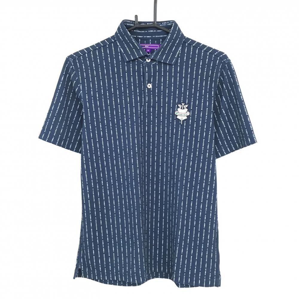 美品】ビームスゴルフ 半袖ポロシャツ ネイビー×白 ロゴストライプ