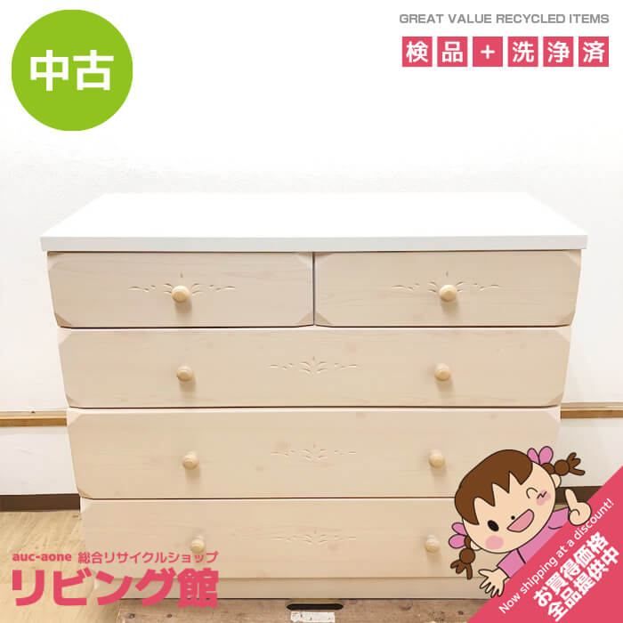 ss8896 【中古】 チェスト 4段 引出5杯 ホワイト×ナチュラル 幅104.5cm