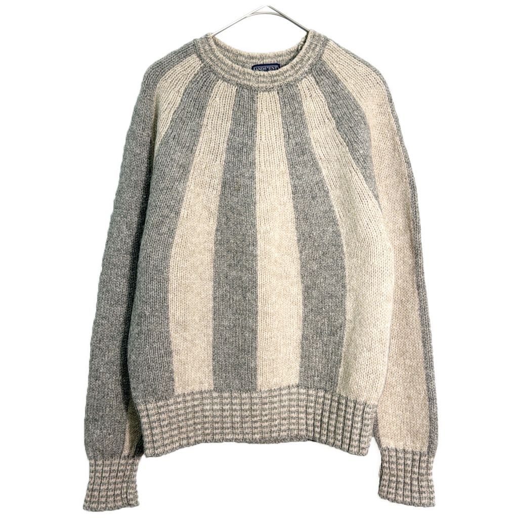 90年代 LANDS' END ランズエンド ウールニットセーター ストライプ グレー(メンズ L)中古 古着 Y5571