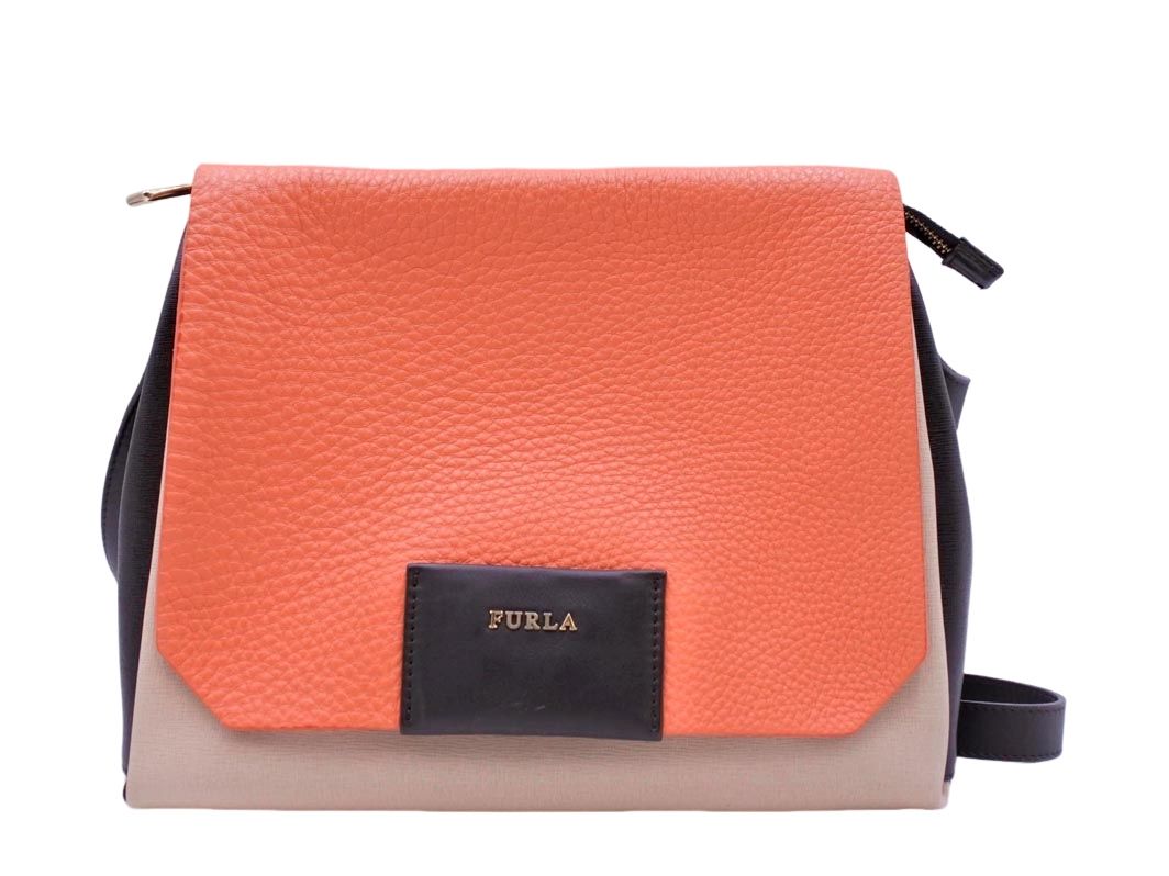 FURLA フルラ ri Color Leather Meridienne Shoulder トリコロール 本革 レザー ロゴ ジップアップ マグネットボタン ショルダー バッグ ライトベージュxブラウンxオレンジ ■■◎レディース