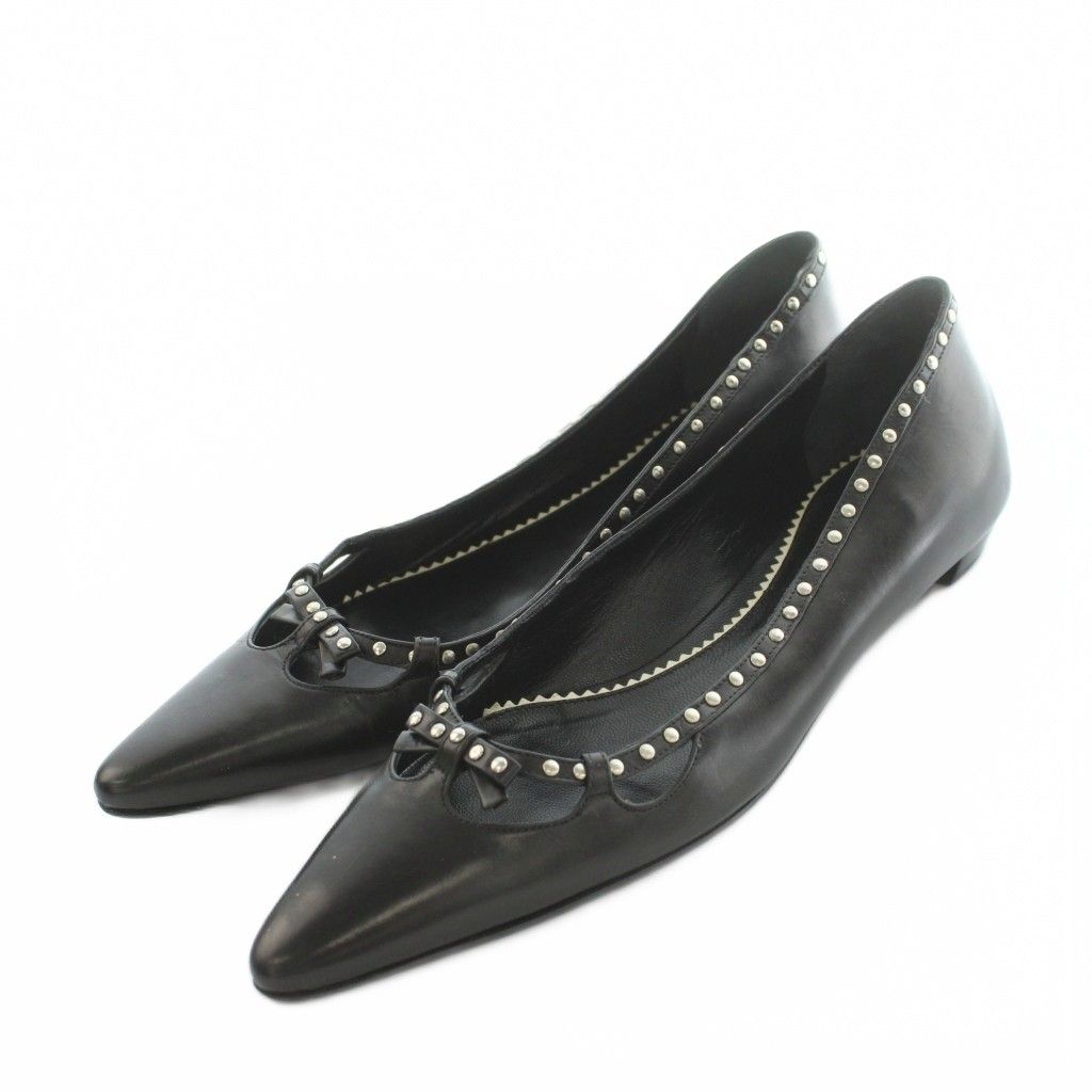 プラダ PRADA フラットシューズ ポインテッドトゥ スタッズ 37 24.0cm 黒 ブラック /MI