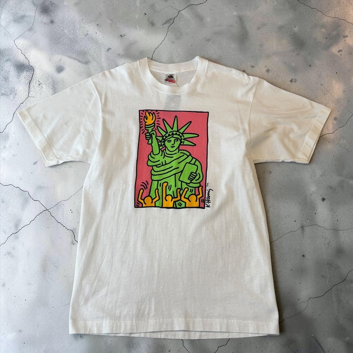 USA製 90s Keith Haring S/S TEE キースヘリング 半袖Tシャツ L White 白 Statue of liberty 自由の女神 古着