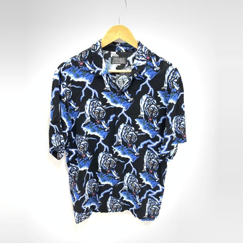 【中古】HYSTERIC GLAMOUR WOLF AND LIGHTNING柄 アロハシャツ サイズM ブラック×ブルー ヒステリックグラマー[92][240092343101] 中古】HYSTERIC GLAMOUR WOLF AND LIGHTNING柄 アロハシャツ サイズM