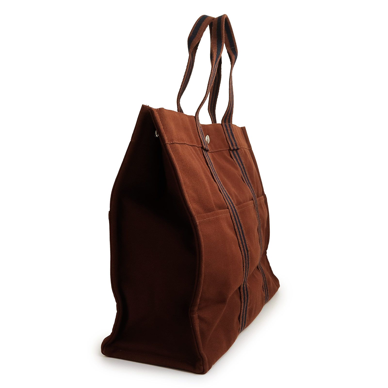 エルメス フールトゥ GM コットンキャンバス ブラウン ネイビー トート ハンドバッグ シルバー金具 HERMES（中古）
