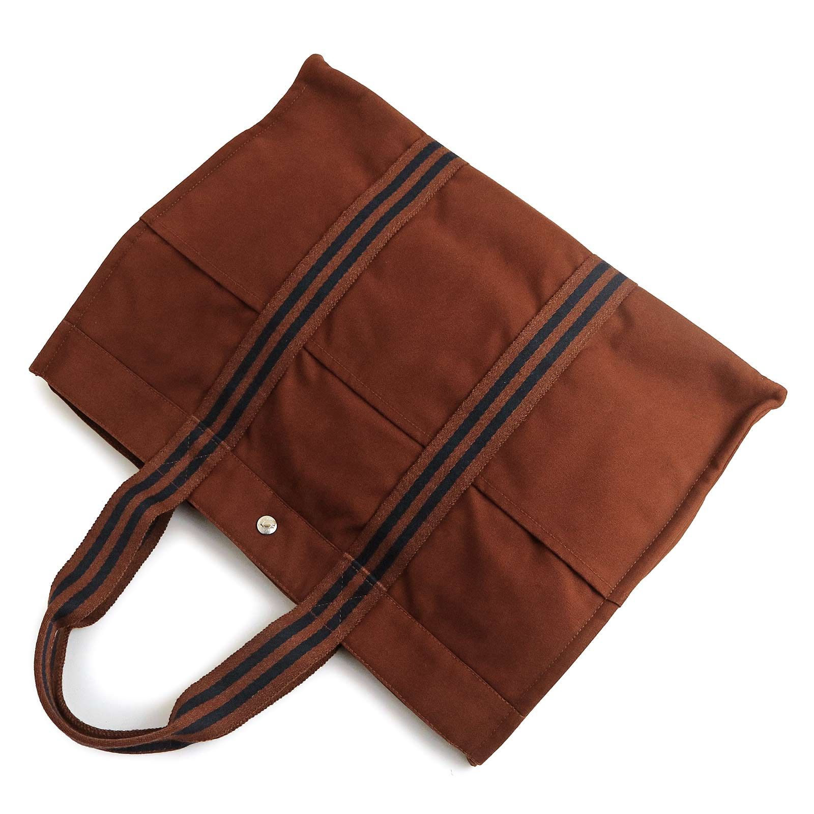 エルメス フールトゥ GM コットンキャンバス ブラウン ネイビー トート ハンドバッグ シルバー金具 HERMES（中古）