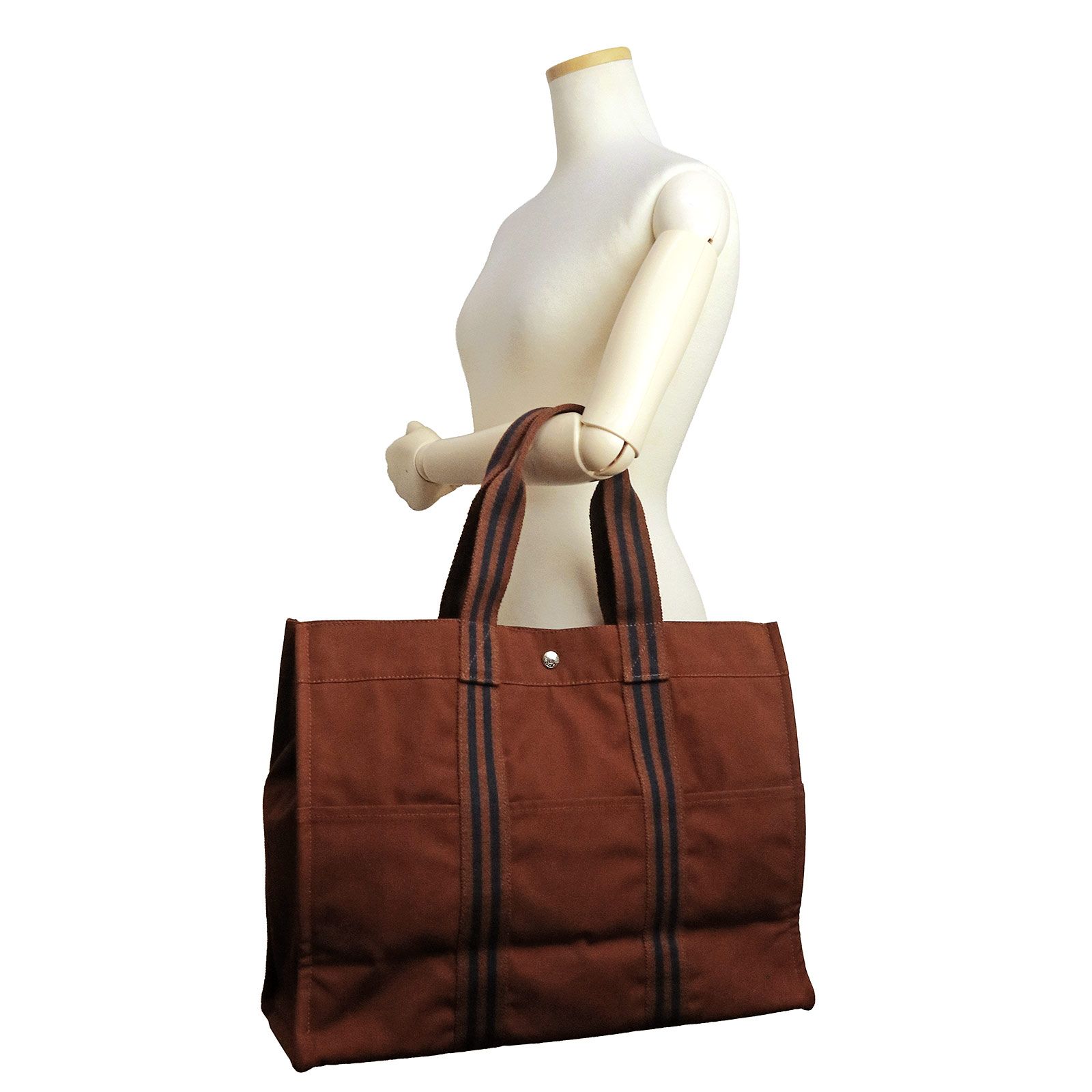エルメス フールトゥ GM コットンキャンバス ブラウン ネイビー トート ハンドバッグ シルバー金具 HERMES（中古）