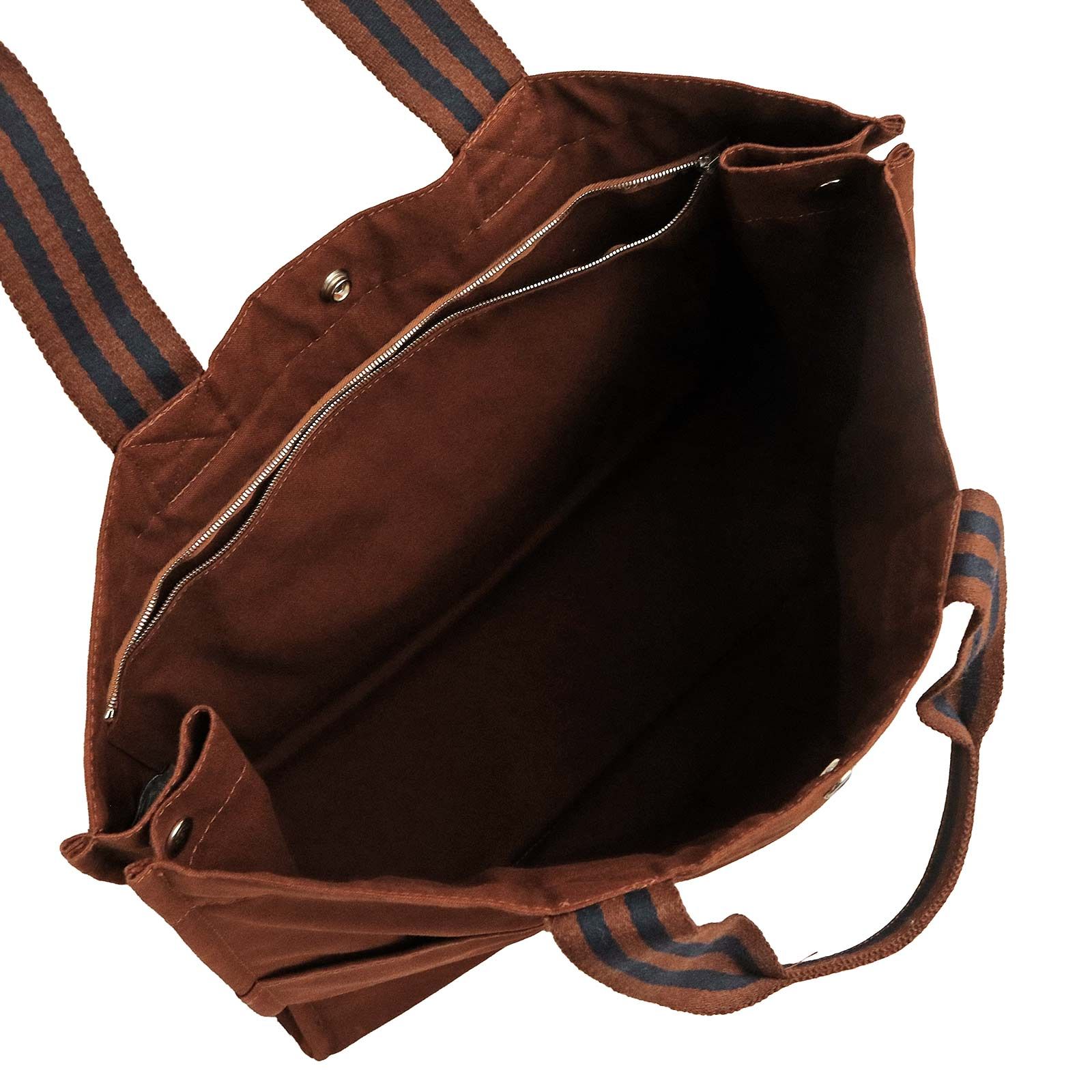 エルメス フールトゥ GM コットンキャンバス ブラウン ネイビー トート ハンドバッグ シルバー金具 HERMES（中古）