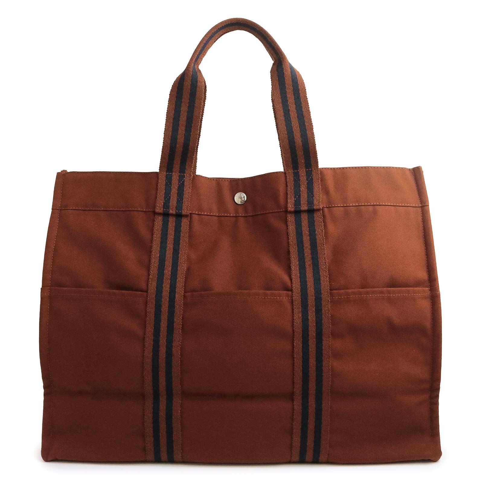 エルメス フールトゥ GM コットンキャンバス ブラウン ネイビー トート ハンドバッグ シルバー金具 HERMES（中古）