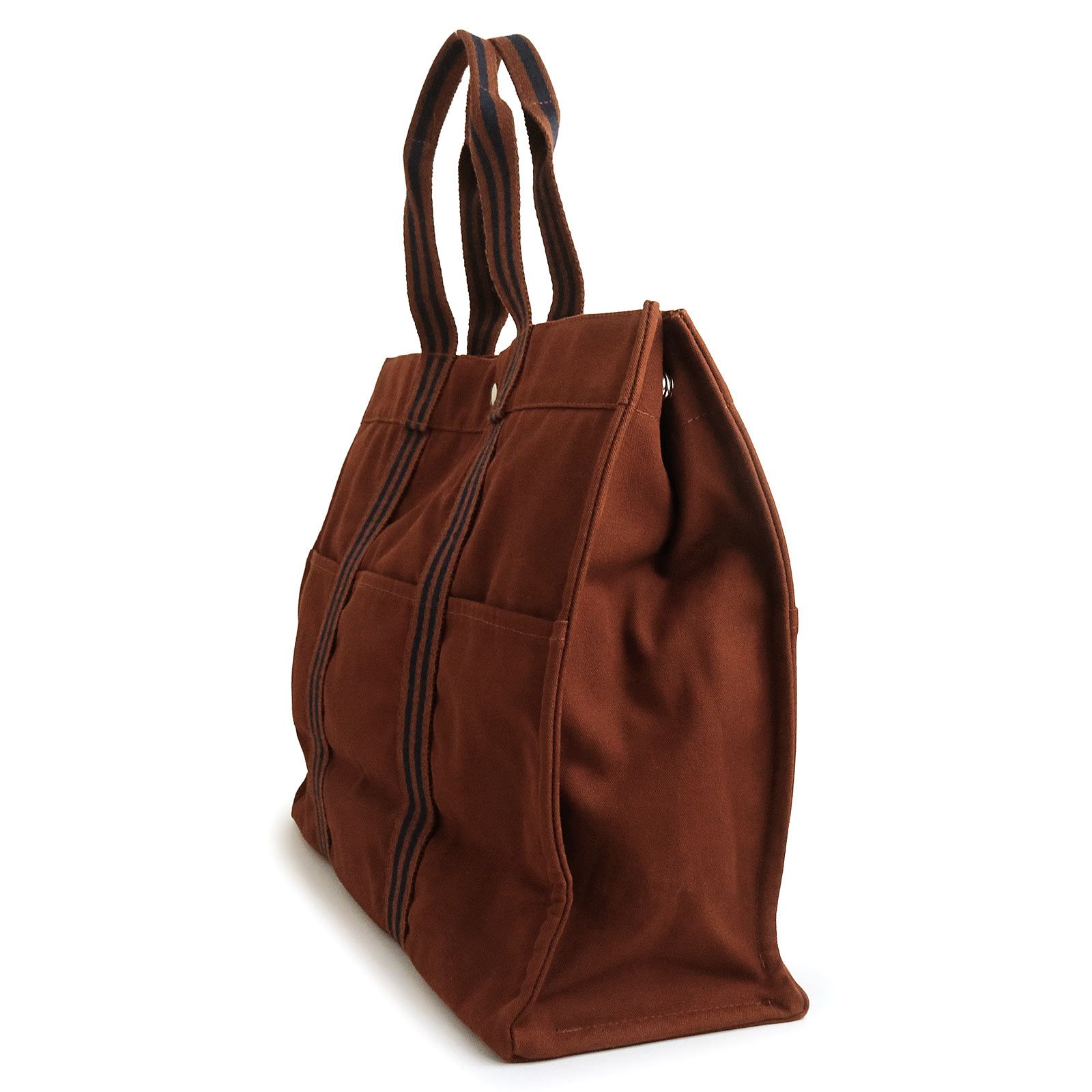 エルメス フールトゥ GM コットンキャンバス ブラウン ネイビー トート ハンドバッグ シルバー金具 HERMES（中古）