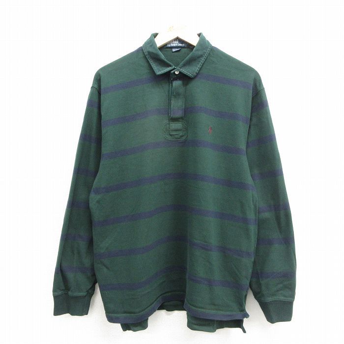 L/古着 ラルフローレン 長袖 ブランド ラガー シャツ メンズ 90年代 90s ワンポイントロゴ コットン グリーン ボーダー【spe】 26jul02