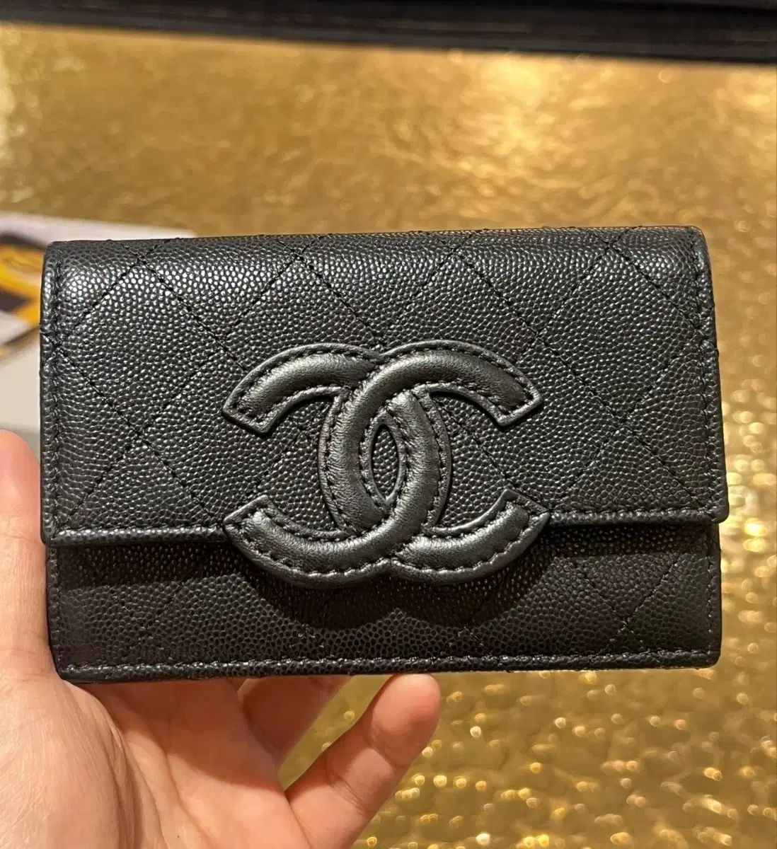 CHANEL カンボン カードウォレット カードホルダー ジッパー スナップボタン ブラック キャビア