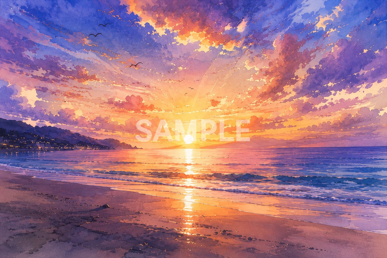 689 夕焼けの海 水彩風アート 横2Lサイズ 高画質ポスター 癒し