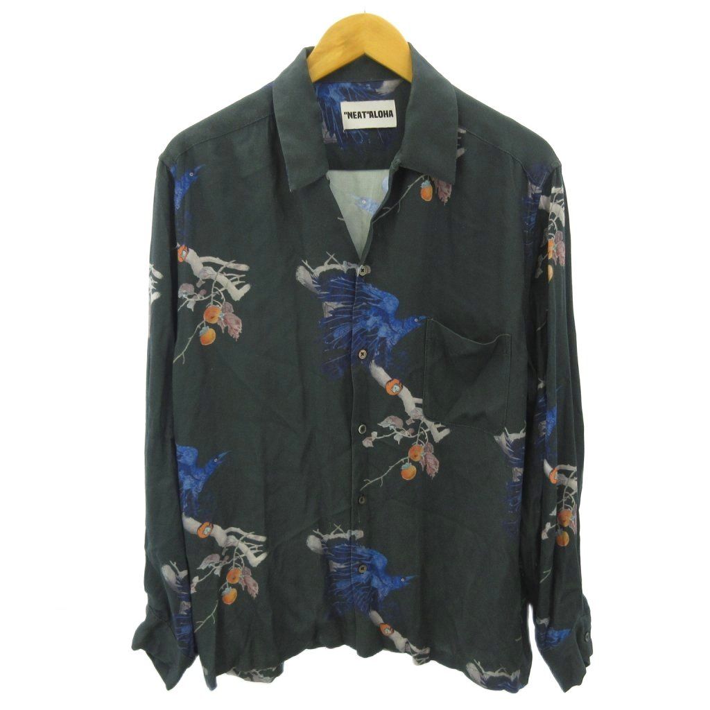 NEAT ALOHA アロハシャツ ニートアロハ NEAT ALOHA シャツ 鳥 総柄 長袖 M 黒 ブラック 0702