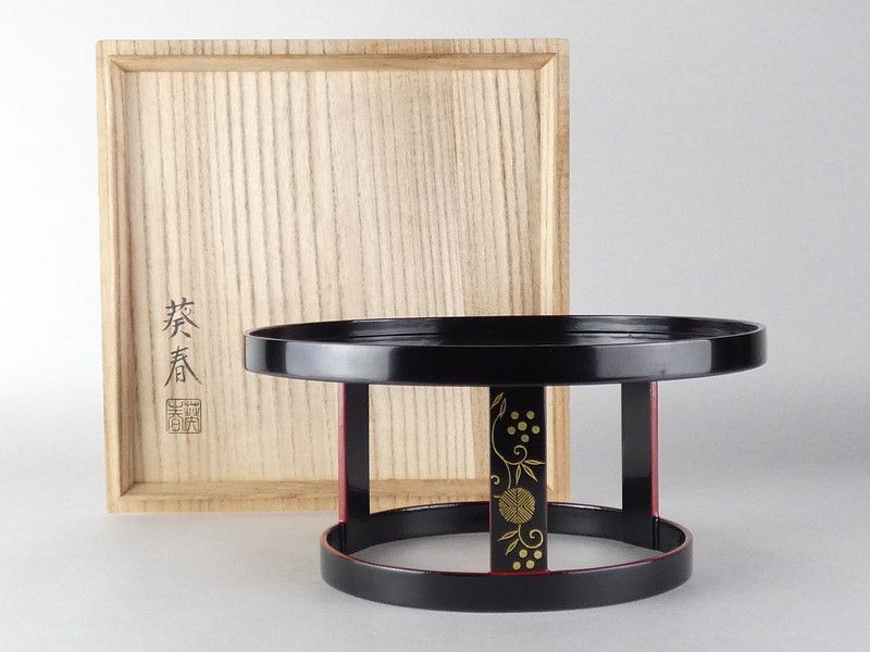 北村葵春「淡々斎好写笹蔓蒔絵 台代盤」共箱 木製 保証品 /R333(C-2)