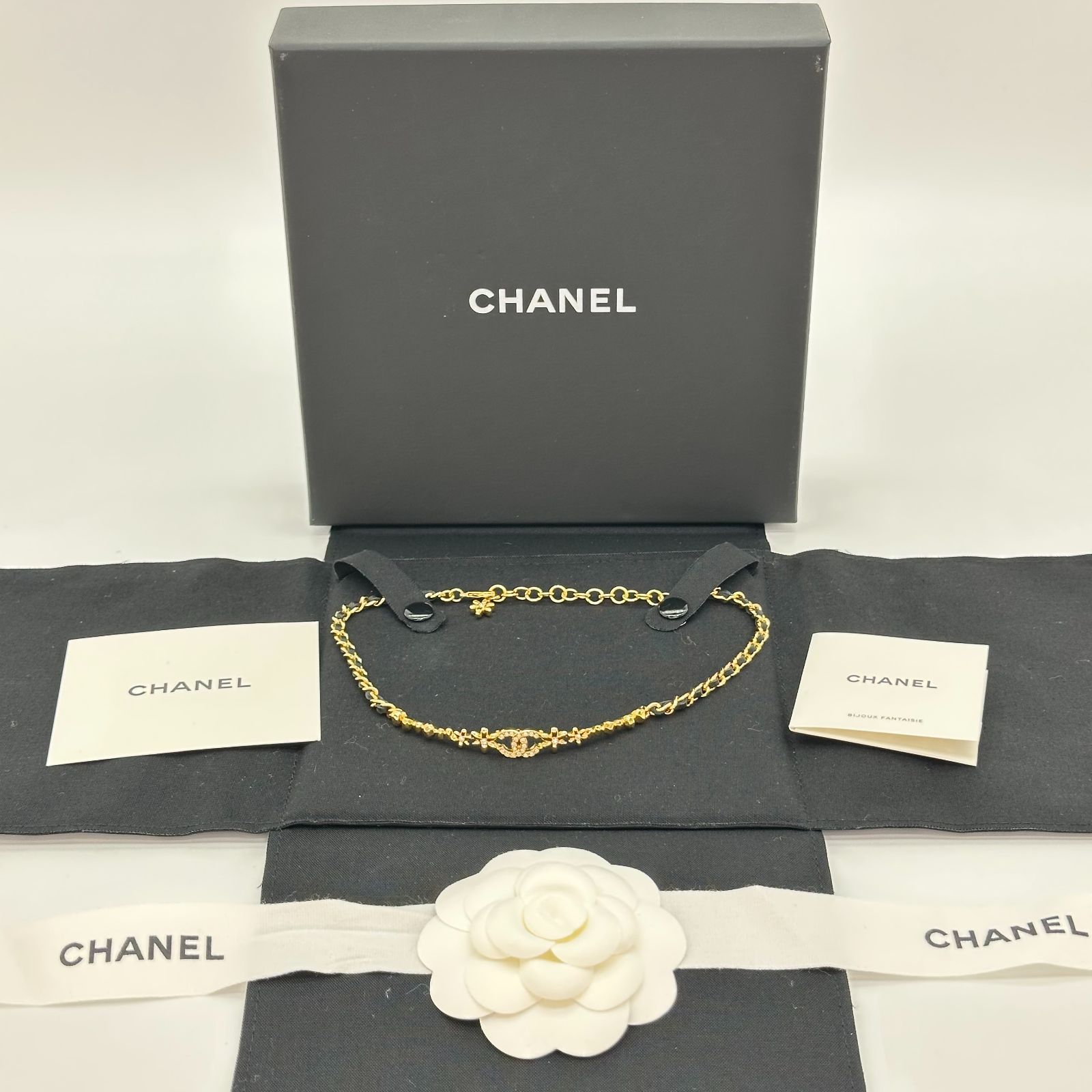 CHANEL シャネル ココマーク フラワー チェーンネックレス チョーカー ラインストーン YGP ゴールドメタル I23A レディース サイズ 37cm