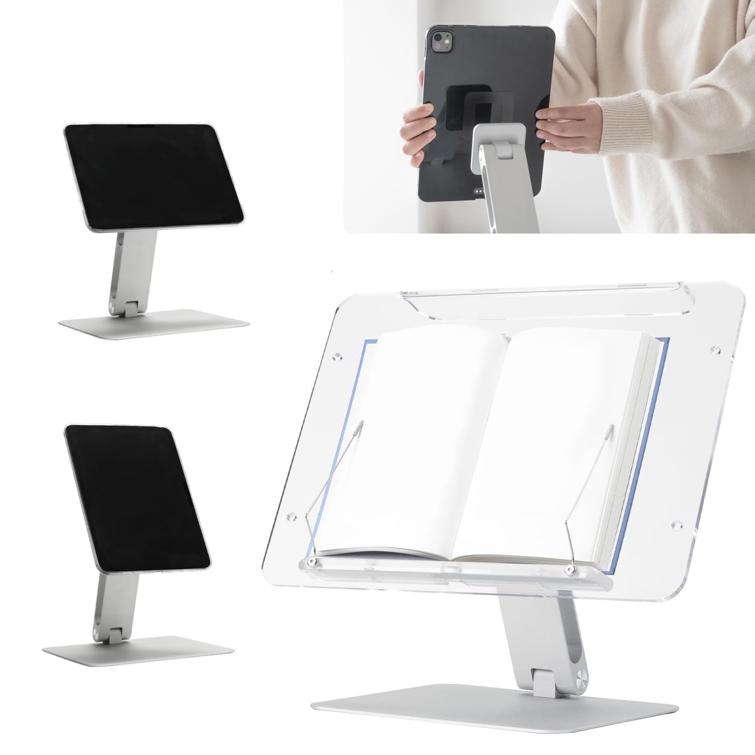 MITER 2-in-1 マグネット ブック＆タブレットスタンド - 取り外し可能なアクリルホルダー付き（紙書籍用）、iPhone、iPad、Galaxy、Kindle、Boox、電子書籍リーダー対応 調節可能・革新的スタンド Book Stand