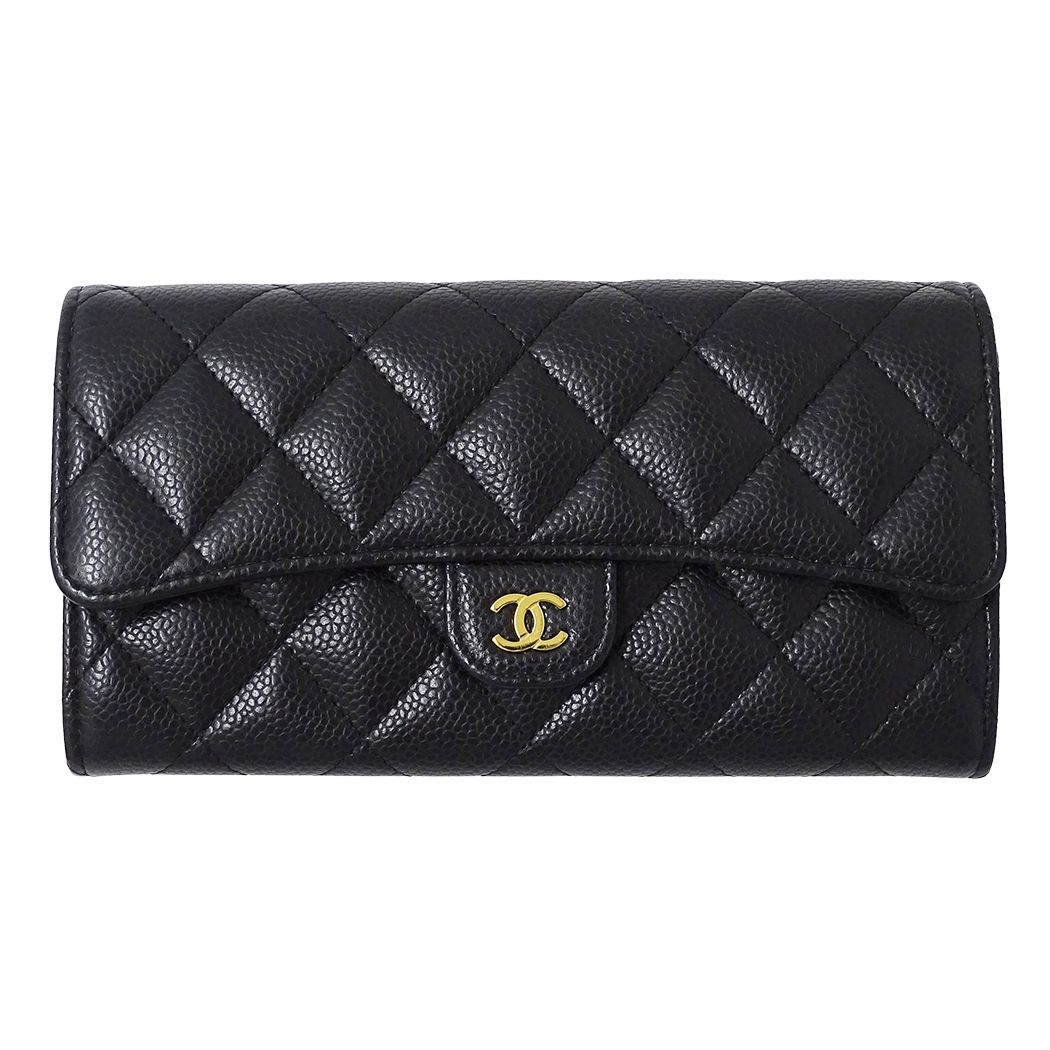 シャネル CHANEL 財布 マトラッセ レディース ブランド 長財布 キャビアスキン ブラック ゴールド金具 黒 おしゃれ 【中古】
