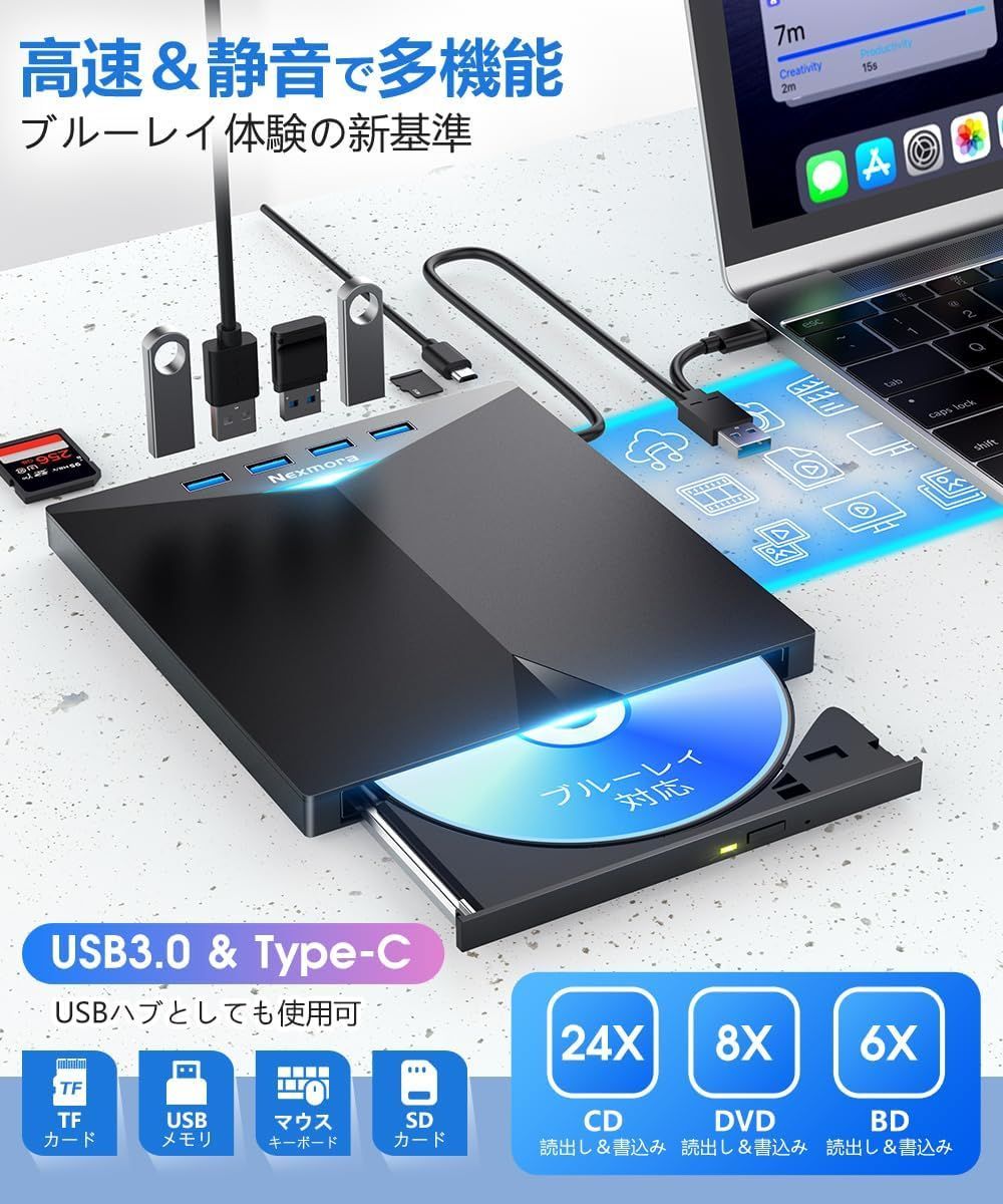 Nexmora ポータブル外付け CD/DVD/blu-ray ドライブ USB 3.2 Gen 1対応