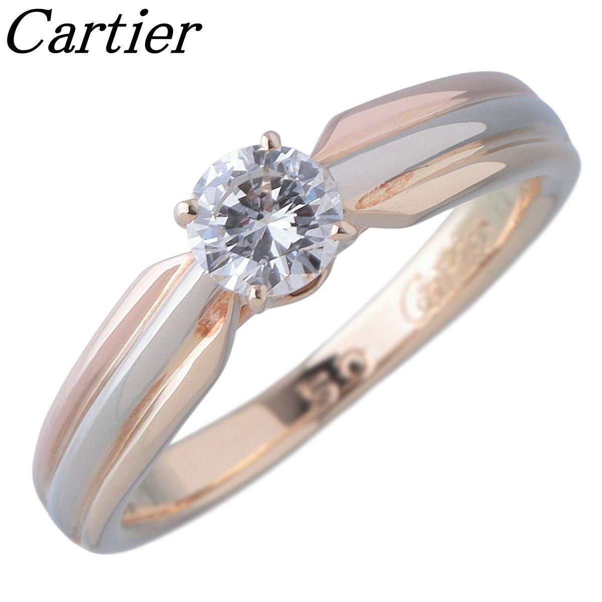 カルティエ トリニティ ソリテール リング ダイヤ約0.37ct 4.6mm #50 750 スリーカラー 新品仕上げ済 Cartier【26765】