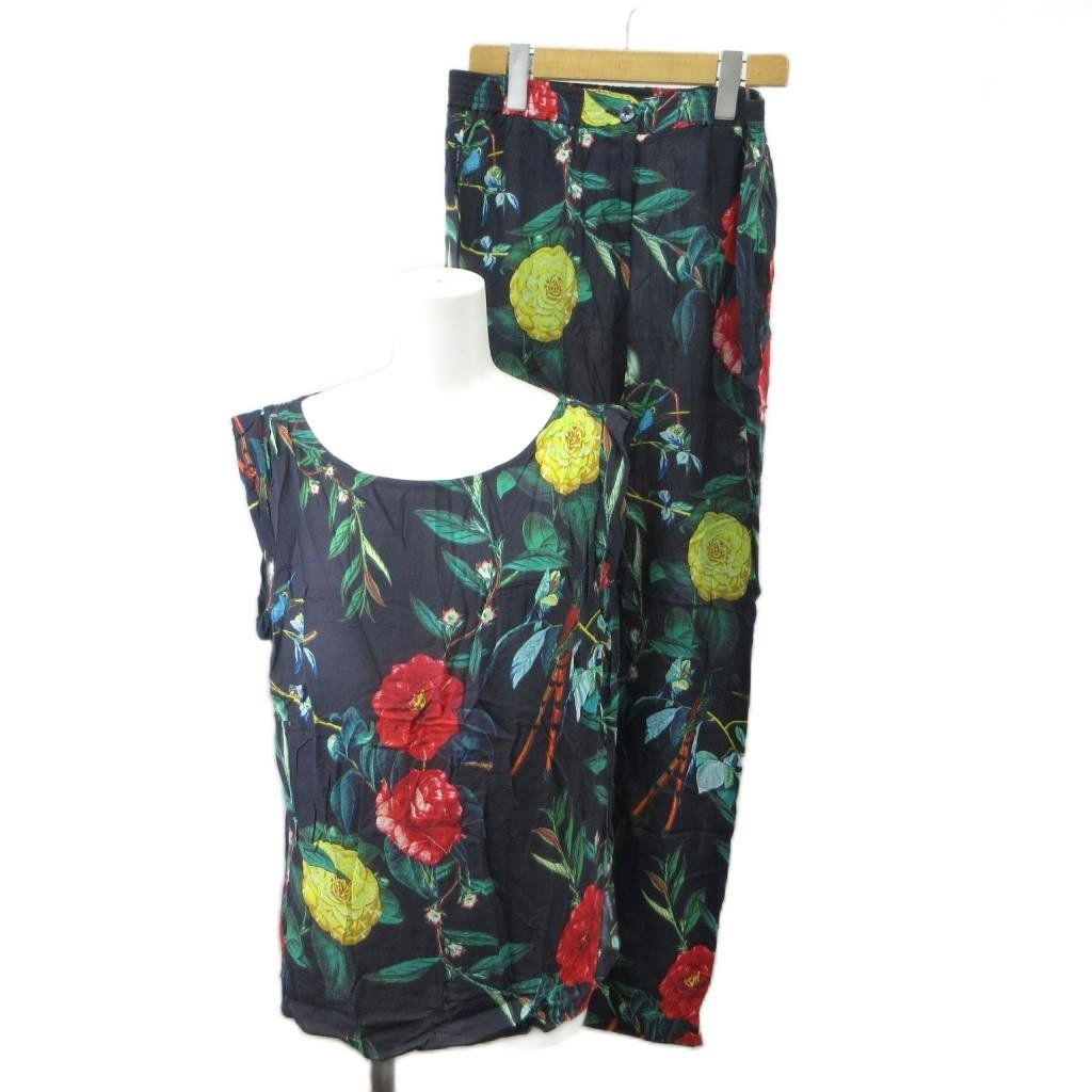 アルマーニ ジーンズ ARMANI JEANS セットアップ カットソー トップス 36 パンツ 38 紺 ネイビー マルチカラー 花柄 ノースリーブ 長ズボン /AY ■GY47